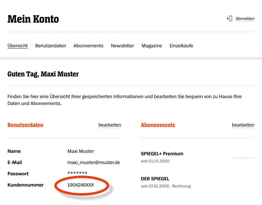 Konto verknüpfen Übersicht SPIEGEL-Gruppenkonto: Kundennummer markiert